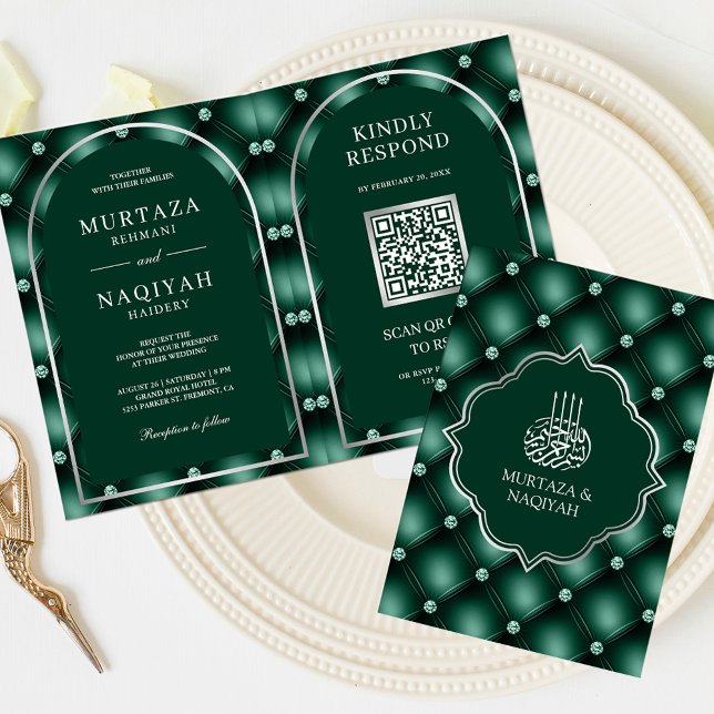 Invitation Emerald Green Tufted QR Code Mariage musulman (Créateur téléchargé)