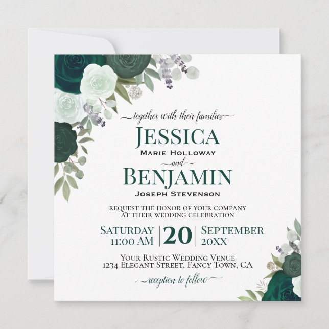 Invitation Emerald Green Watercolor Roses Mariage élégant (Devant)