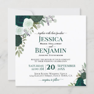 Invitation Emerald Green Watercolor Roses Mariage élégant