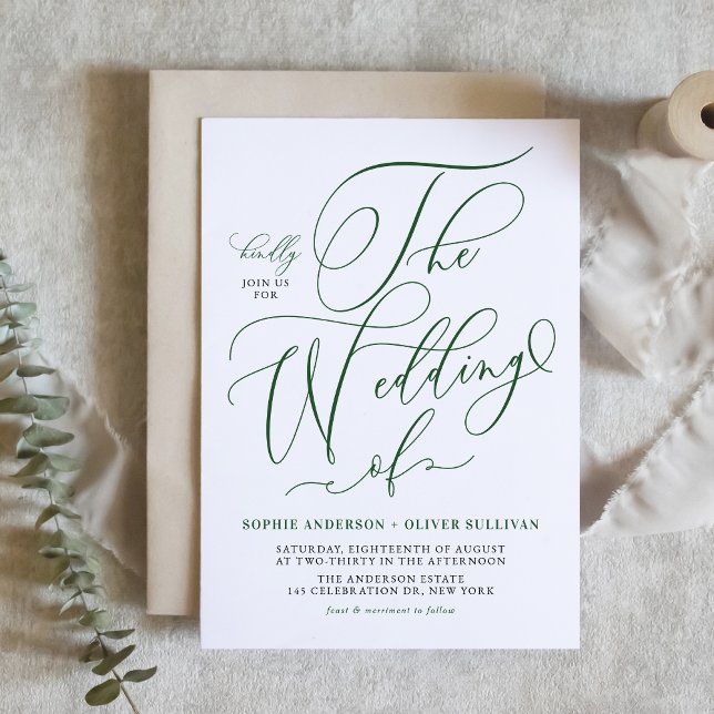 Invitation Emerald Green Whimsical Calligraphy Mariage (Emerald Green Whimsical Calligraphy Wedding Invitation)