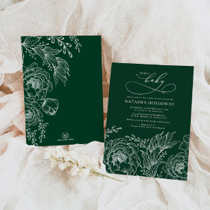 Invitation Emerald Green White Botanical Baby shower floral