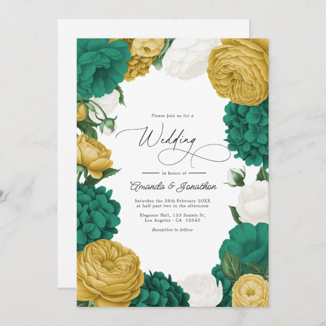 Invitation Emerald Green, White & Gold Floral Wedding (Devant / Derrière)