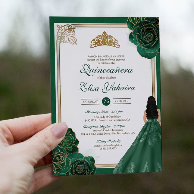 Invitation Emerald Green White Gold Roses Royal Quinceanera (Créateur téléchargé)