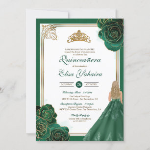 Invitation Emerald Green White Gold Roses Royal Quinceanera