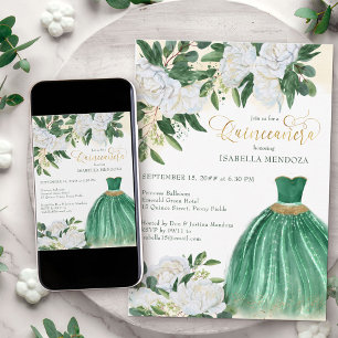Invitation Emerald Green White Peony Princess Quinceanera