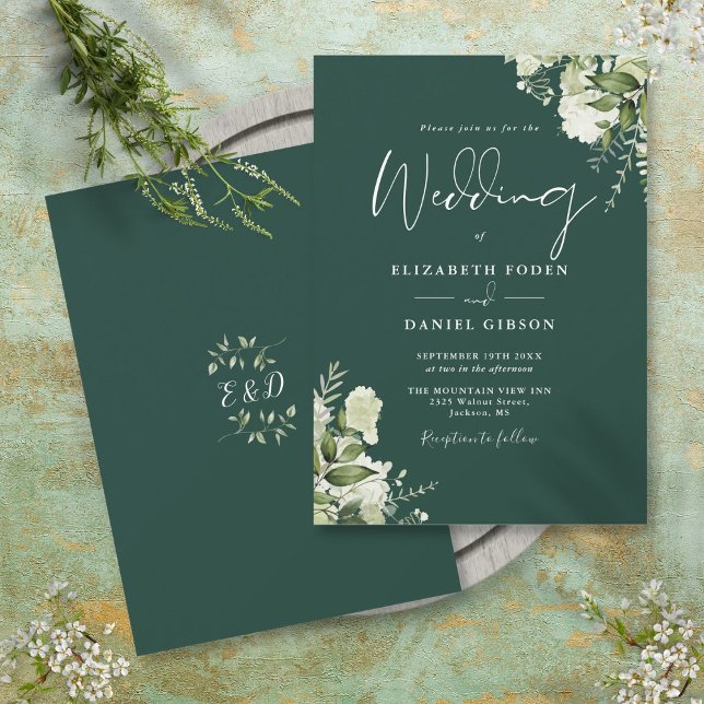 Invitation Emerald Greenery Feuille Monogram Mariage (Emerald Greenery Leaves Monogram Wedding Invitation)