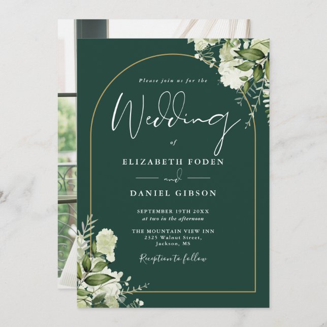 Invitation Emerald Greenery Floral Gold Arch Mariage photo (Devant / Derrière)