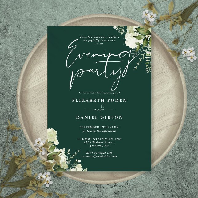 Invitation Emerald Greenery Floral Mariage Soirée (Emerald Greenery Floral Wedding Evening Party Invitation)