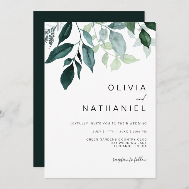 Invitation Emerald Greenery Foliage Feuille Mariage botanique (Devant / Derrière)