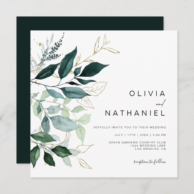 Invitation Emerald Greenery Gold Leaf Foliage Mariage (Devant / Derrière)
