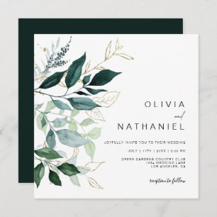 Invitation Emerald Greenery Gold Leaf Foliage Mariage