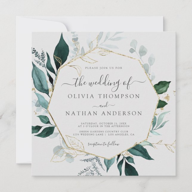Invitation Emerald Greenery Grey Carré Gold Leaf Mariage (Devant)