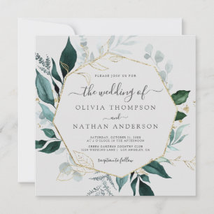 Invitation Emerald Greenery Grey Carré Gold Leaf Mariage