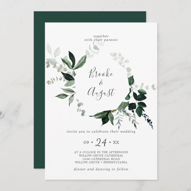 Invitation Emerald Greenery Mariage de couronne (Devant / Derrière)