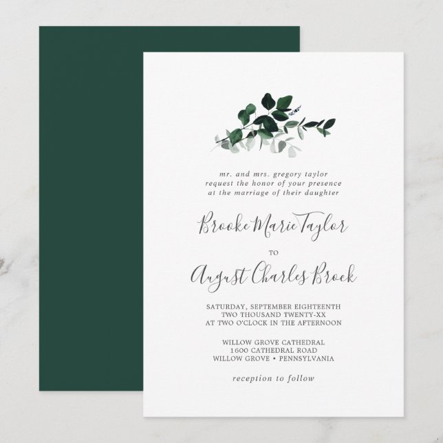 Invitation Emerald Greenery Mariage traditionnel (Devant / Derrière)
