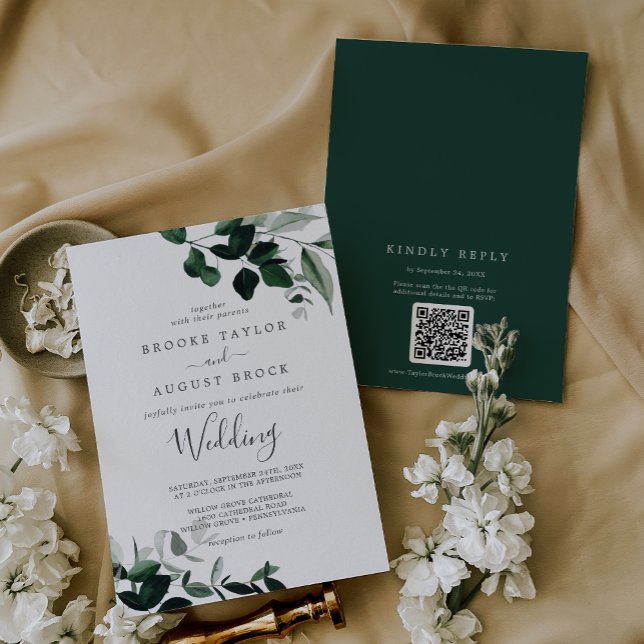 Invitation Emerald Greenery Moody Feuille QR Code RSVP Mariag (Emerald Greenery Moody Leaves QR Code RSVP Wedding Invitation)
