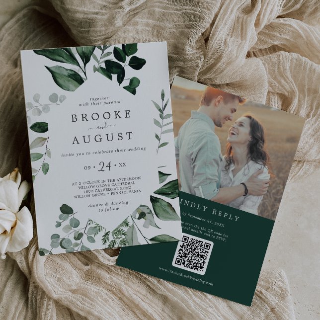 Invitation Emerald Greenery Photo QR Code Retour Mariage (Créateur téléchargé)