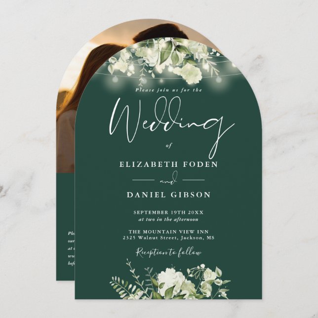 Invitation Emerald Greenery QR Code Photo Arch Mariage (Devant / Derrière)