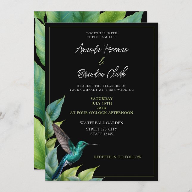 Invitation Emerald Hummingbird Tropical Feuille Mariage (Devant / Derrière)