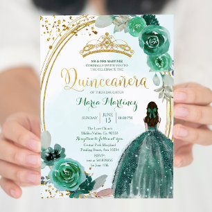 Invitation Emerald & Hunter Green Roses 1 Mis Quince