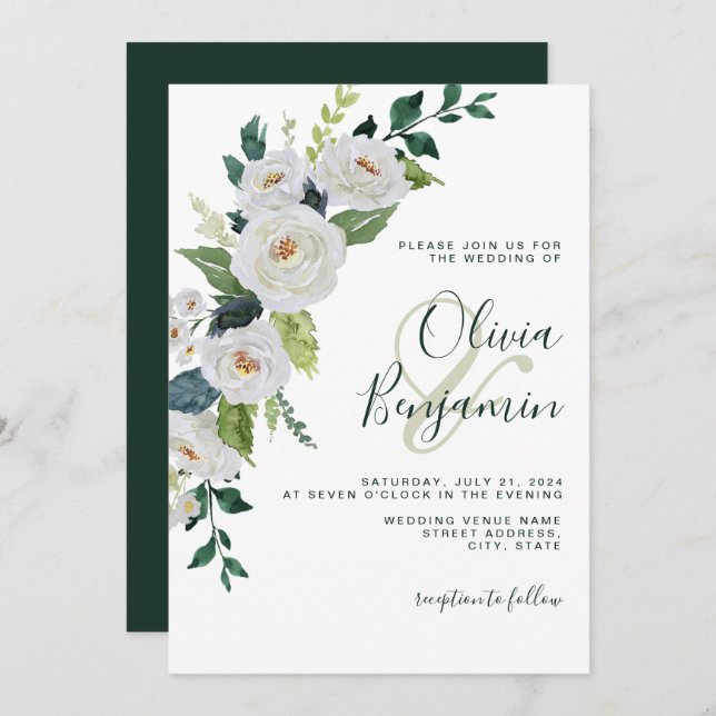 Invitation Emerald Ivory White Floral Mariage élégant (Devant / Derrière)