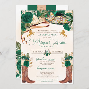 Invitation Emerald Jade Rose vert Western Charro Quinceañera
