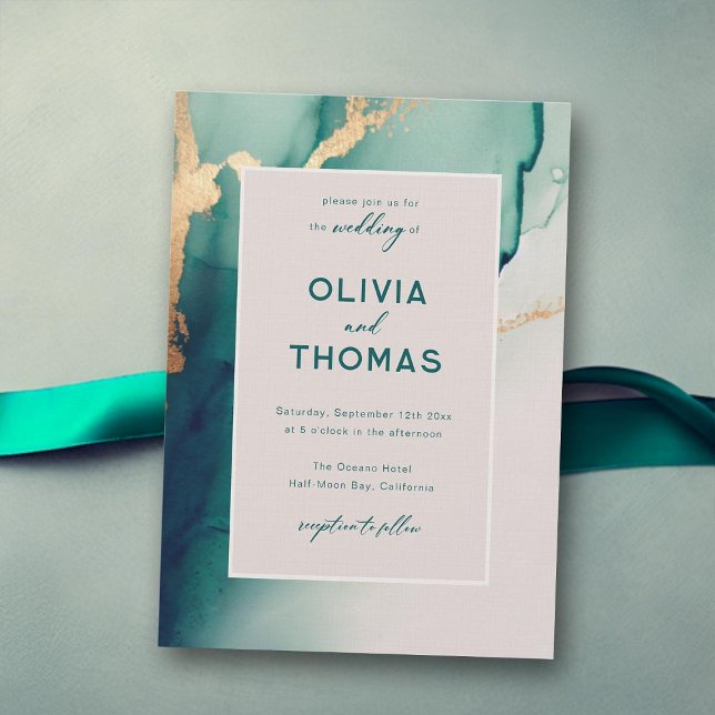 Invitation Emerald Modern Frame Élégant Simple Plage Mariage (emerald green gold wedding invitation modern ocean beach waves elegant bohemian romantic boho chic)