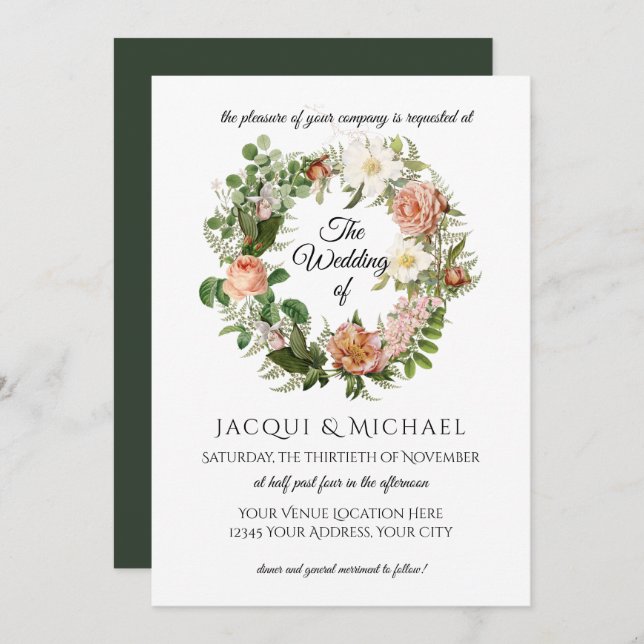 Invitation Emerald n Blush Ivory Roses w Fern Wreath Mariage (Devant / Derrière)