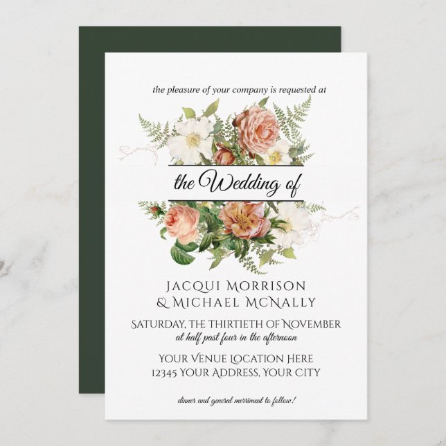Invitation Emerald n Blush Peony, Rose w Fern Wreath Mariage (Devant / Derrière)