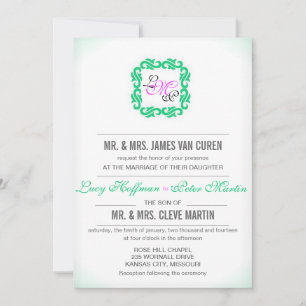 Invitation Emerald n Hot rose monogramme motif mariage
