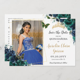 Invitation Emerald Navy Floral Quinceañera Pic Enregistrer la
