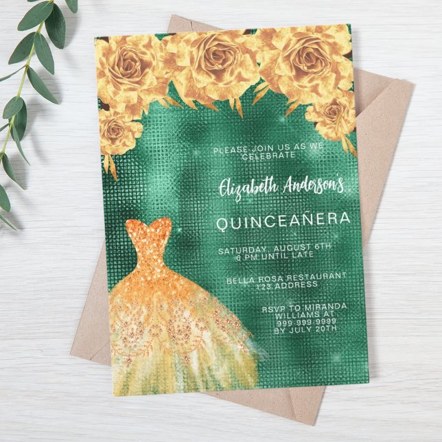 Invitation Emerald or robe florale Quinceanera luxe (Créateur téléchargé)