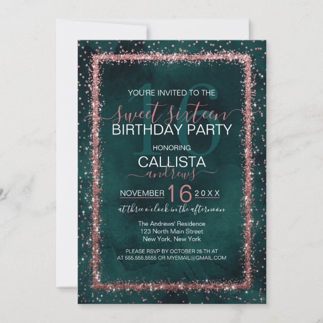 Invitation Emerald Rose Gold Sprinkled Confetti Sweet 16 (Devant)