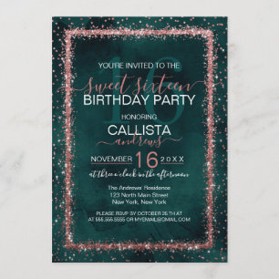 Invitation Emerald Rose Gold Sprinkled Confetti Sweet 16