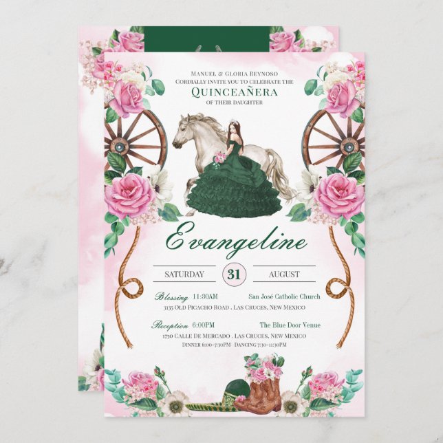 Invitation Emerald Rose rose Rustique Charro Quinceañera (Devant / Derrière)