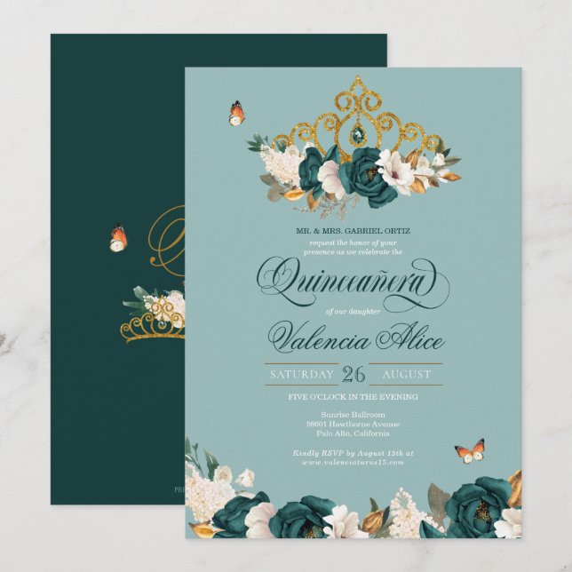 Invitation Emerald Sage Green Elegant Butterfly Quinceanera (Devant / Derrière)