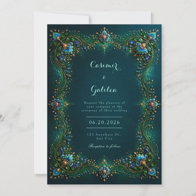 Invitation Emerald Sapphire Gilded Floral Wedding (Devant)