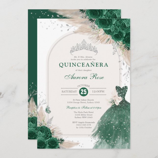 Invitation Emerald Silver Boho Rose Princesse Quinceañera (Devant / Derrière)