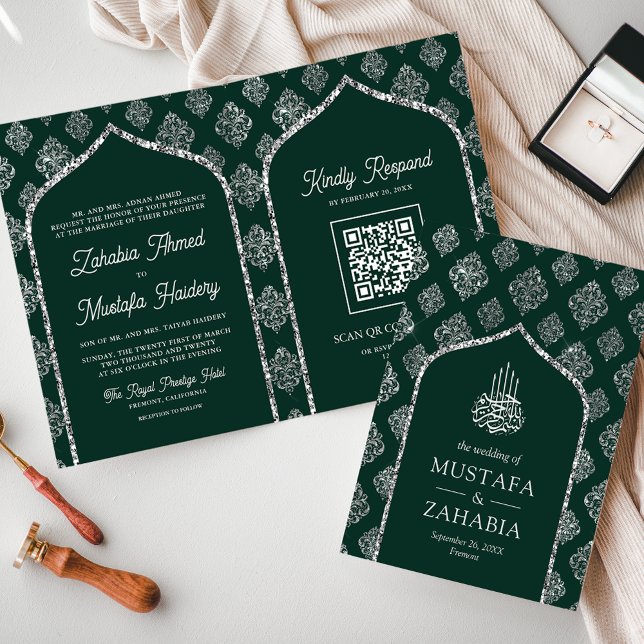 Invitation Emerald Silver Damask Arch QR Code Mariage musulma (Créateur téléchargé)