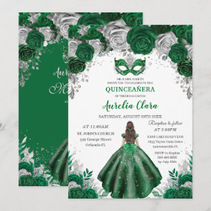 Invitation Emerald Silver Floral Masquerade Ball Quinceañera