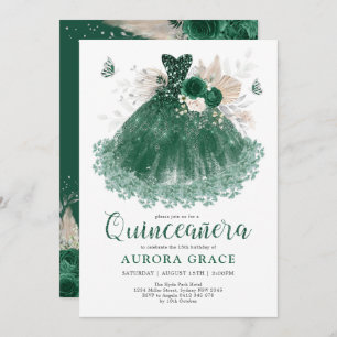 Invitation Emerald Silver Flower Quinceañera Mis Quince Anos