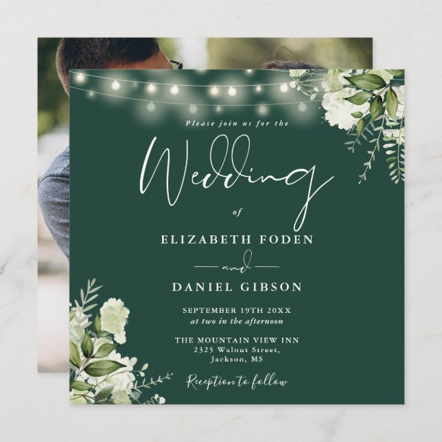 Invitation Emerald String éclaire Floral Photo Mariage (Devant / Derrière)