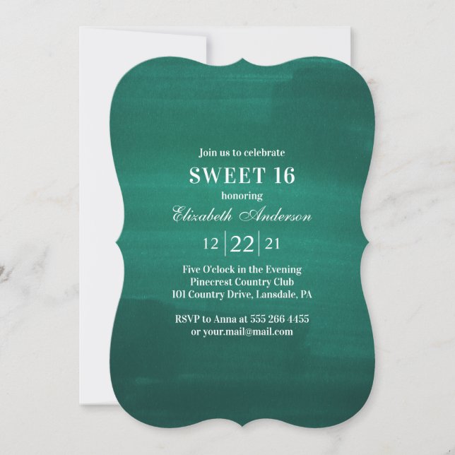Invitation Emerald Sweet 16. Vert moderne 16e anniversaire (Devant)