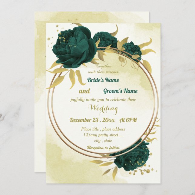 Invitation Emerald vert fleurs or feuille mariage (Devant / Derrière)