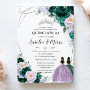 Invitation Emerald Violet Floral Twins Quinceañera Silver