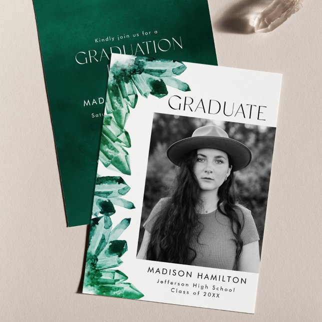 Invitation Emerald Watercolor Crystal Photo Graduation Party (Créateur téléchargé)