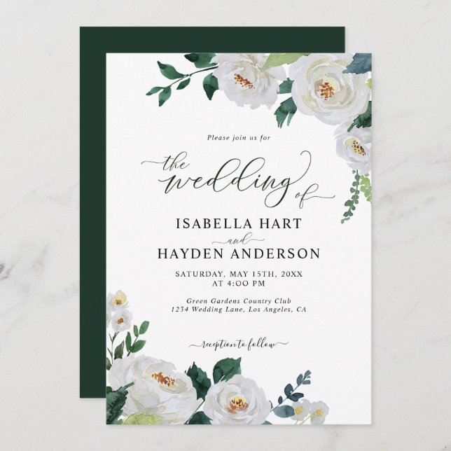 Invitation Emerald White Elegant Floral Mariage (Devant / Derrière)