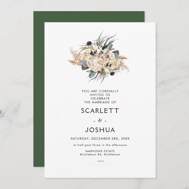 Invitation Emerald White Protea Pampas Mariage Invitati (Devant / Derrière)
