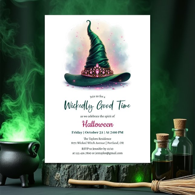 Invitation Emerald Witch Casquette Wicktly Bon Time Halloween (Wickedly Good Time Halloween Party Invitation – Emerald Witch Hat & Pink Jewels)