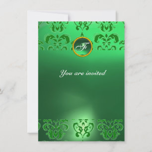 Invitation ÉMERALDE DAMASSÉ MONOGRAMME PIERRE PRÉCIEUSE verte